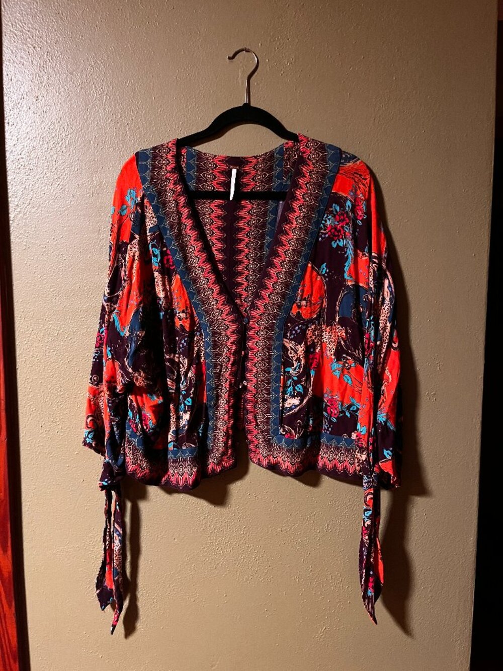 Free People Boho Tie Sleeve Crop Blouse Multicolor Rayon Size L
